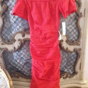 Coral red (not hot pink) off shoulder ruched Nicole Miller Natalia dress NWT 0